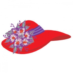 Floppy red hat artwork with purple and pink flower design