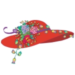 Floppy red hat artwork with purple and pink flower design
